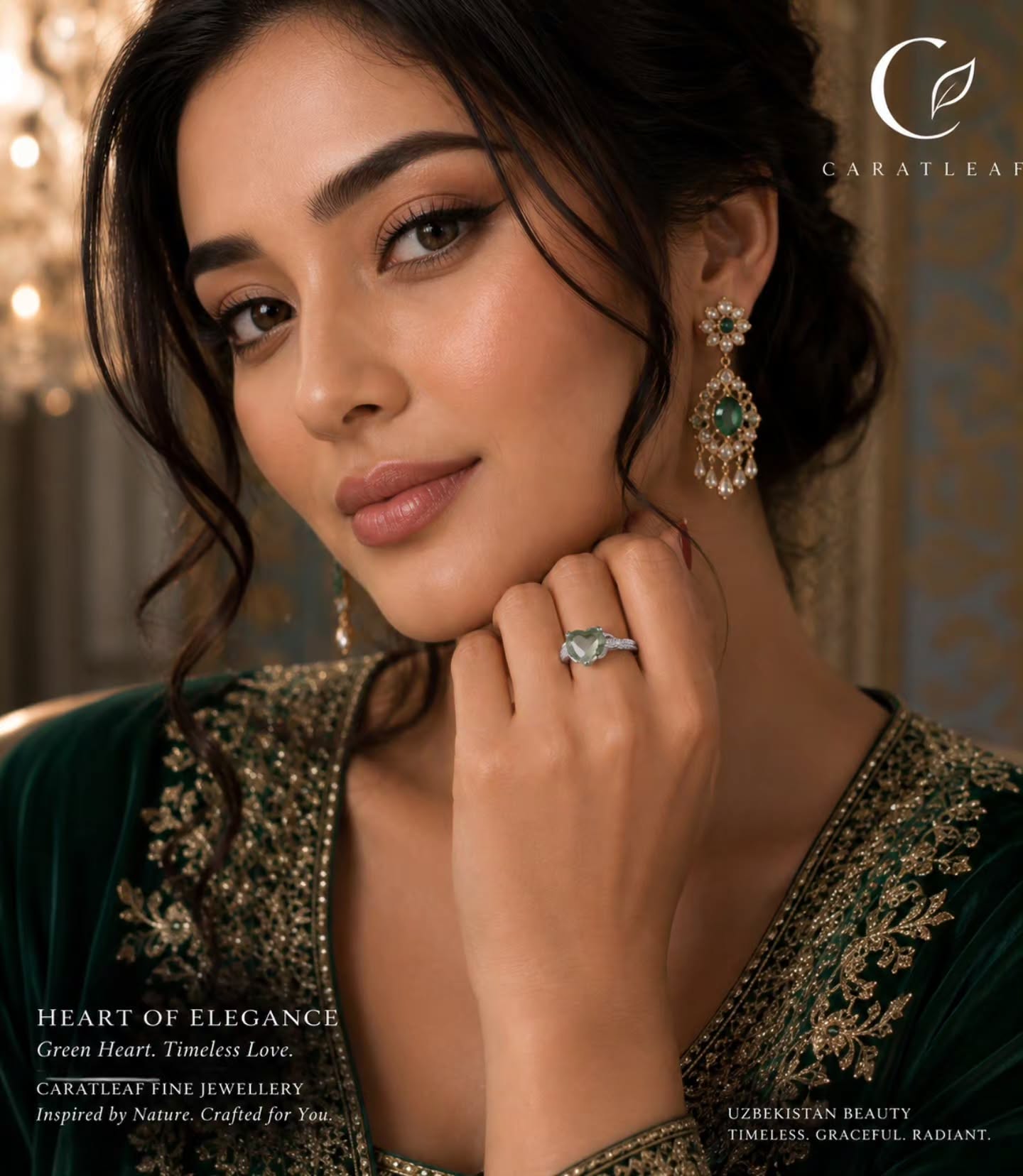 Woman wearing Caratleaf drop earrings and a silver ring , Caratleaf drop earrings with green stones