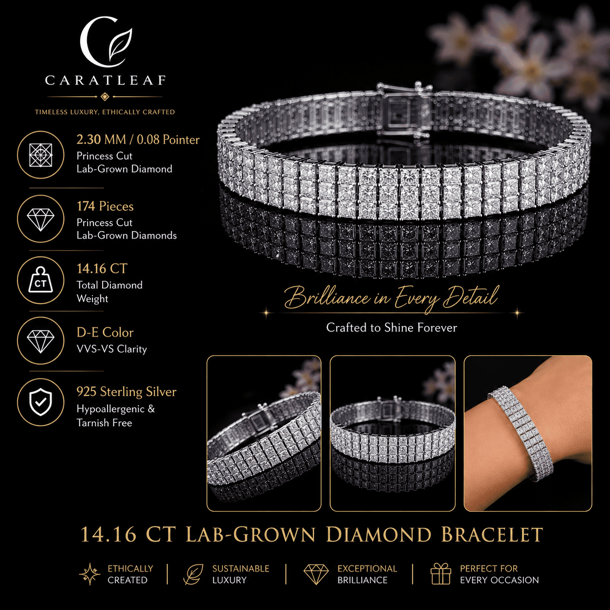 Regal Princess-Cut Three-Row Bracelet